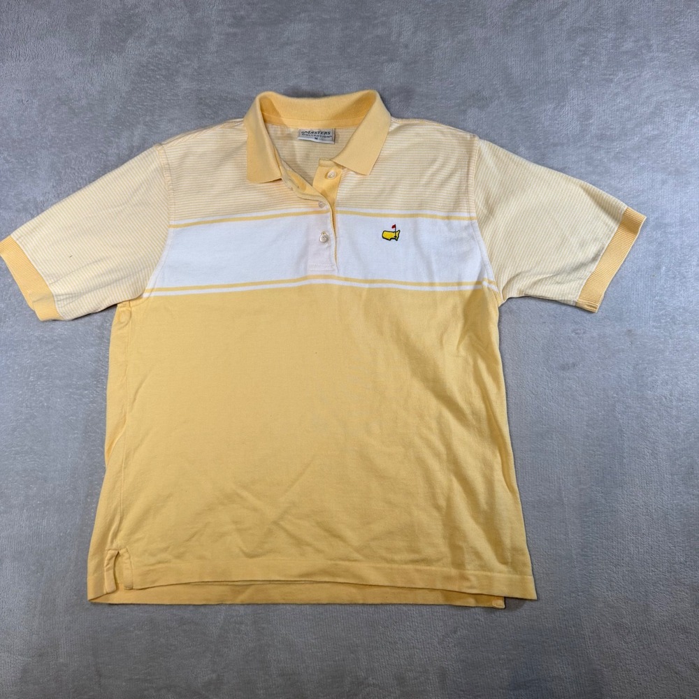 Masters Collection Yellow White Striped Polo Shirt Mens Medium 100% Cotton Golf